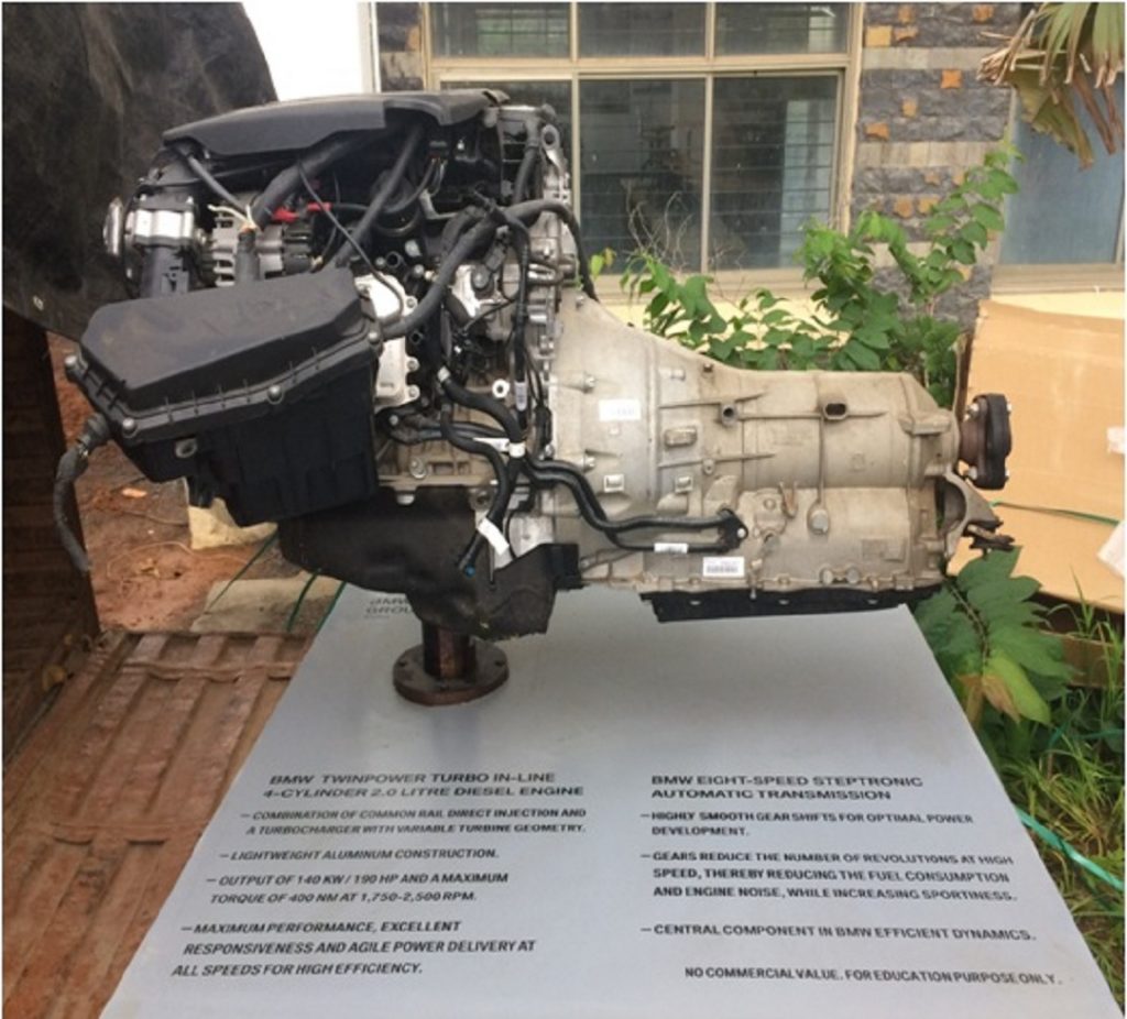 BMW 2.0 Ltr. Twin turbo engine with 8 speed steptronic automatic transmission is provided by BMW India Ltd. The students will be trained on the engine by expert technicians from BMW.