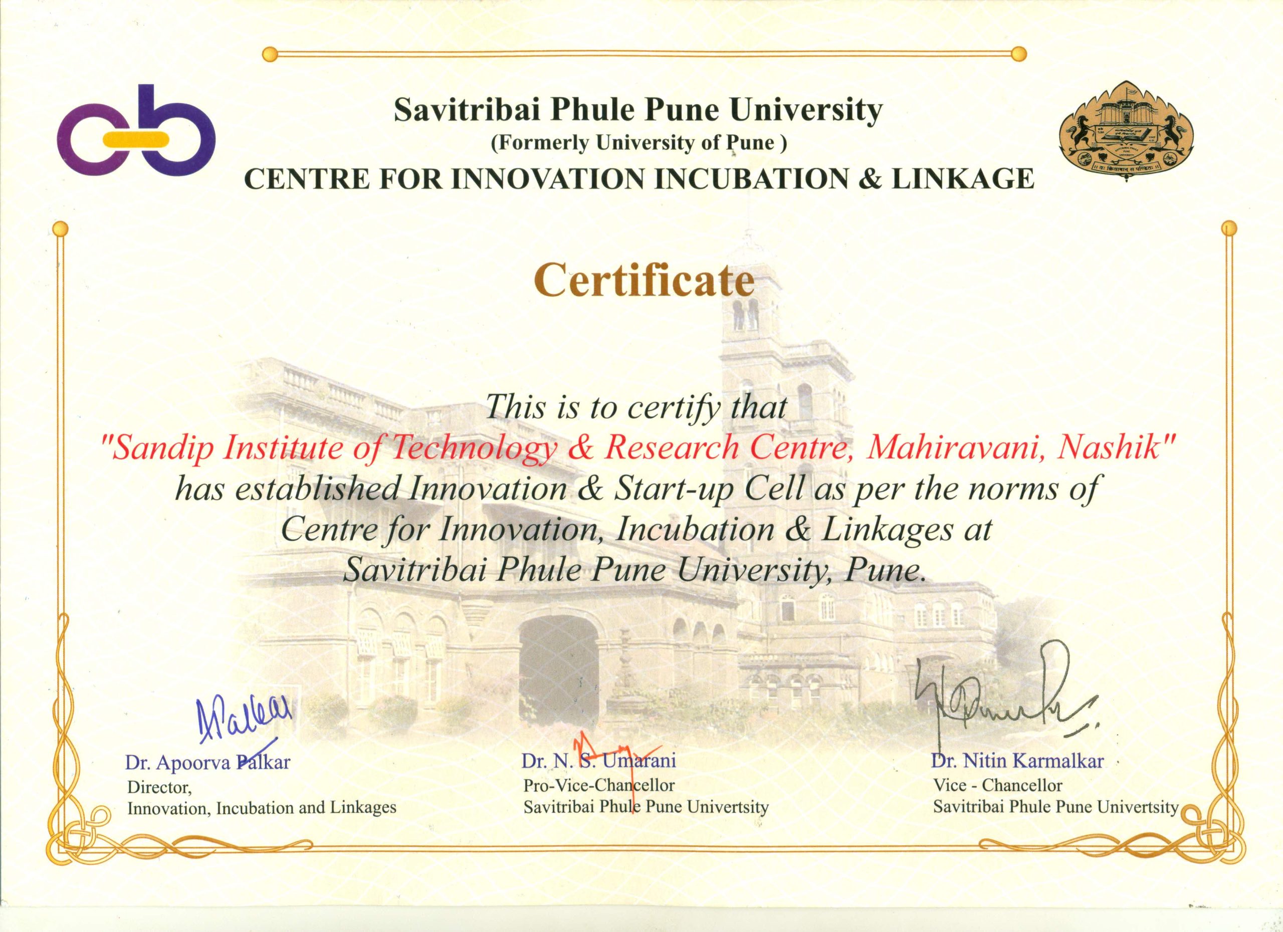 Certificate of Established innovation & Startup Cell under SPPU
